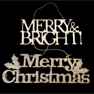 2 Merry Christmas Ornaments Signs White Sparkly Script Lettering